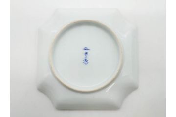 戦前　深川製磁　有田焼　染付　金彩　バラ　約16cm　5.2寸　縁のデザインが優美な変形皿5枚セット(薔薇、ローズ、花、中皿、なます皿、和皿、和食器、裏印、共箱付き、五寸二分)(R-080085)