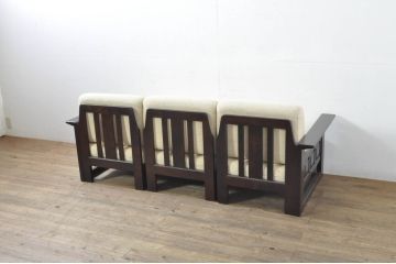 中古　北海道民芸家具　セパレートスタイル　希少な絶版品!和モダンな木製フレームの3人掛けソファ(ベンチ、アームソファ、3Pソファ)(R-080106)