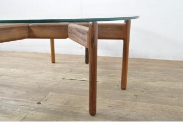 デンマークビンテージ　北欧家具　ローズウッド　Niels Bach(ニールス バッハ)　ユニークなモジュール式デザインのガラストップローテーブル(コーヒーカクテルテーブル、組み立て式、コーヒーテーブル、センターテーブル、リビングテーブル、ガラストップテーブル、ラウンドテーブル、丸テーブル、ヴィンテージ)(R-080107)