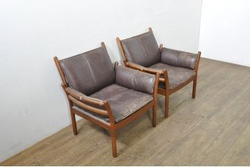 デンマークアンティーク　ILLUM WIKKELSO( イルム・ヴィッケルソー)デザイン　CFC Silkeborg(クリステンセン シルケボー)　Genius(ジーニアス)　ローズウッド　本革(レザー)の経年変化による風合いが味わい深い1人掛けソファ2脚セット(イージーチェア、一人掛け、アームチェア、椅子、イス、北欧、バラ売り可能)(R-080117)