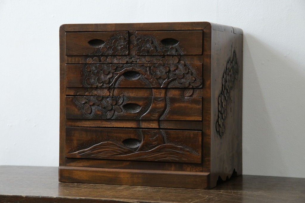 和製ヴィンテージ　軽井沢彫り　職人技が光る!桜の彫刻が美しい小引き出し　(R-080119)