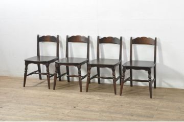 中古　希少な廃番品　北海道民芸家具　背板のデザインがかわいらしいチェア4脚セット(ダイニングチェア、椅子、イス、板座チェア、バラ売り可能)(R-080137)