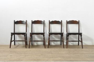 中古　希少な廃番品　北海道民芸家具　背板のデザインがかわいらしいチェア4脚セット(ダイニングチェア、椅子、イス、板座チェア、バラ売り可能)(R-080137)