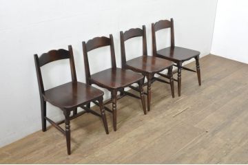 中古　希少な廃番品　北海道民芸家具　背板のデザインがかわいらしいチェア4脚セット(ダイニングチェア、椅子、イス、板座チェア、バラ売り可能)(R-080137)
