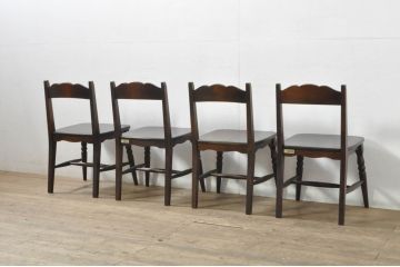 中古　希少な廃番品　北海道民芸家具　背板のデザインがかわいらしいチェア4脚セット(ダイニングチェア、椅子、イス、板座チェア、バラ売り可能)(R-080137)