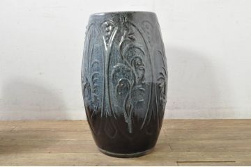 海鼠釉(なまこゆう)　青白い美しい呈色が目を引く立ち火鉢とスツールのセット(花台、椅子、チェア、陶磁)(R-080146)