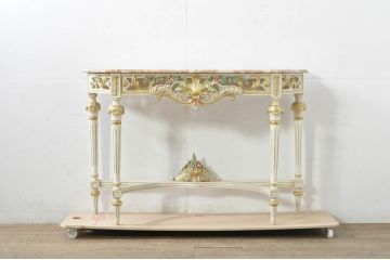 中古　美品　イタリア製　天板大理石　ロココ調　華やかな装飾が目を惹くコンソールテーブル(大理石天板、サイドテーブル、花台、飾り台)(定価約60万円)(R-080150)