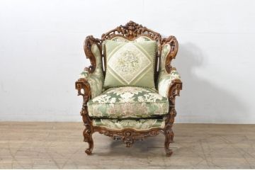中古　イタリア製　ロココ調　華やかな彫刻が目を惹く1人掛けソファ(1P、一人掛け、ラウンジチェア、アームチェア、サロンチェア)(R-080154)
