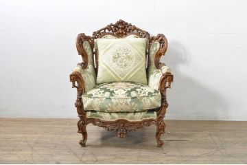 中古　イタリア製　ロココ調　華やかな彫刻が目を惹く1人掛けソファ(1P、一人掛け、ラウンジチェア、アームチェア、サロンチェア)(R-080155)