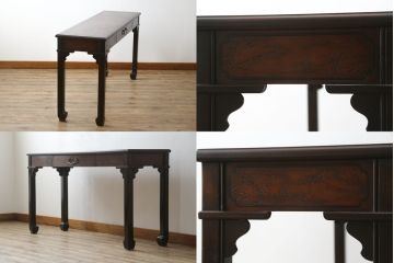 中古　希少モデル　DREXEL HERITAGE(ドレクセルヘリテイジ)　彫刻入り　異国情緒あふれるシノワズリ様式のコンソールテーブル(薄型デスク、机、ワークデスク、サイドテーブル、在宅用、在宅ワーク用)(R-080159)