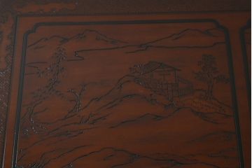 中古　希少モデル　DREXEL HERITAGE(ドレクセルヘリテイジ)　彫刻入り　異国情緒あふれるシノワズリ様式のコンソールテーブル(薄型デスク、机、ワークデスク、サイドテーブル、在宅用、在宅ワーク用)(R-080159)