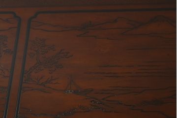 中古　希少モデル　DREXEL HERITAGE(ドレクセルヘリテイジ)　彫刻入り　異国情緒あふれるシノワズリ様式のコンソールテーブル(薄型デスク、机、ワークデスク、サイドテーブル、在宅用、在宅ワーク用)(R-080159)