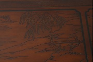 中古　希少モデル　DREXEL HERITAGE(ドレクセルヘリテイジ)　彫刻入り　異国情緒あふれるシノワズリ様式のコンソールテーブル(薄型デスク、机、ワークデスク、サイドテーブル、在宅用、在宅ワーク用)(R-080159)