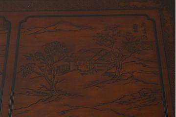 中古　希少モデル　DREXEL HERITAGE(ドレクセルヘリテイジ)　彫刻入り　異国情緒あふれるシノワズリ様式のコンソールテーブル(薄型デスク、机、ワークデスク、サイドテーブル、在宅用、在宅ワーク用)(R-080159)