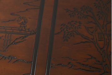 中古　希少モデル　DREXEL HERITAGE(ドレクセルヘリテイジ)　彫刻入り　異国情緒あふれるシノワズリ様式のコンソールテーブル(薄型デスク、机、ワークデスク、サイドテーブル、在宅用、在宅ワーク用)(R-080159)