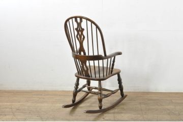 中古　国産職人手作り　くつろぎ時間におすすめの作りの良いロッキングチェア(板座チェア、アームチェア、揺り椅子、イス)(R-080165)