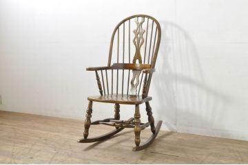 中古　国産職人手作り　くつろぎ時間におすすめの作りの良いロッキングチェア(板座チェア、アームチェア、揺り椅子、イス)(R-080165)