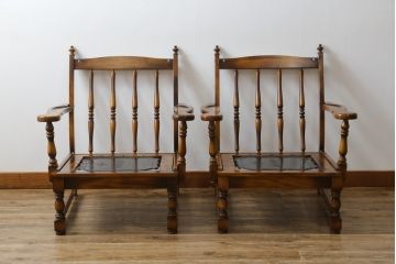 和製ビンテージ　希少な廃番品　オールドカリモク(karimoku)　コロニアルシリーズ　上品な佇まいが魅力の1Pソファ2脚セット(ラウンジチェア、アームチェア、1人掛け、ヴィンテージ)(R-080171)