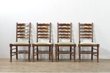中古　美品　百貨店取り扱い　国産職人手作品　オーク材　クラシカルな雰囲気が魅力のチェア4脚セット(ダイニングチェア、アームレスチェア、椅子、イス、バラ売り可能)(定価1脚約5万円)(R-080176)