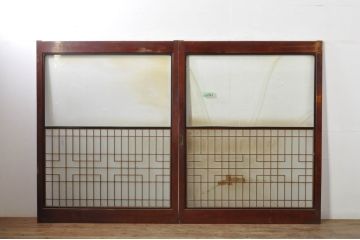 アンティーク建具　上手物!!　高級品　欅(ケヤキ)材　古い大邸宅で使われていた漆塗りの大きなガラス戸2枚セット(引き戸)(R-080199)