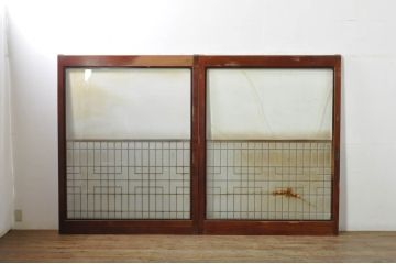 アンティーク建具　上手物!!　高級品　欅(ケヤキ)材　古い大邸宅で使われていた漆塗りの大きなガラス戸2枚セット(引き戸)(R-080199)