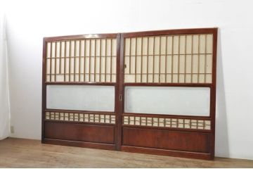 アンティーク建具　上手物!!　高級品　欅(ケヤキ)材　古い大邸宅で使われていた漆塗りの大きな障子戸2枚セット(引き戸、ガラス帯戸)(R-080200)
