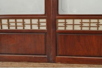アンティーク建具　上手物!!　高級品　欅(ケヤキ)材　古い大邸宅で使われていた漆塗りの大きな障子戸2枚セット(引き戸、ガラス帯戸)(R-080200)