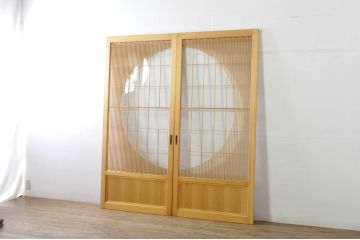 中古　美品　背の高い丸窓風の格子入りアクリル戸2枚セット(格子戸、引き戸、ガラス戸、建具)(R-080205)