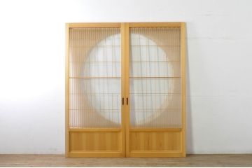 中古　美品　背の高い丸窓風の格子入りアクリル戸2枚セット(格子戸、引き戸、ガラス戸、建具)(R-080205)