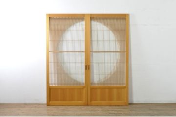 中古　美品　背の高い丸窓風の格子入りアクリル戸2枚セット(格子戸、引き戸、ガラス戸、建具)(R-080205)