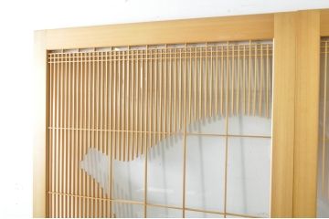 中古　美品　ペットドア付き　ひょうたんのデザインがアクセントの背の高い格子入りアクリル戸2枚セット(格子戸、引き戸、ガラス戸、建具)(R-080206)