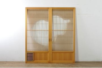 中古　美品　ペットドア付き　ひょうたんのデザインがアクセントの背の高い格子入りアクリル戸2枚セット(格子戸、引き戸、ガラス戸、建具)(R-080206)