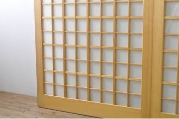 中古　落ち着きのある空間を演出する升目(マス目)の格子入りガラス戸3枚セット(きつね格子、狐格子、格子戸、引き戸、建具)(R-080214)