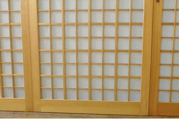 中古　落ち着きのある空間を演出する升目(マス目)の格子入りガラス戸3枚セット(きつね格子、狐格子、格子戸、引き戸、建具)(R-080214)