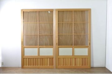 中古　特大　杉材　和の空間を高めるアクリル入り格子戸2枚セット(引き戸、ガラス戸、建具)(R-080215)