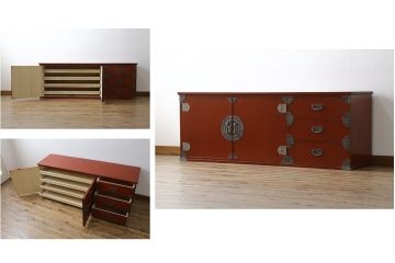 中古　展示品　未使用品　四国・高松　飛鳥欅箪笥　艶やかな朱色が魅力的な箪笥ローボード(引き出し、ローチェスト、リビングボード、テレビボード、テレビ台)(R-080239)