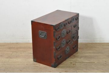 和製ビンテージ　美品!!　最高級!!　手打ち金具　三方欅(ケヤキ)材　意匠を凝らした金具が上質な雰囲気を醸し出す仙台小箪笥(仙台箪笥、和たんす、衣装タンス、整理箪笥、収納箪笥、サイドチェスト、引き出し、ヴィンテージ)(R-080247)