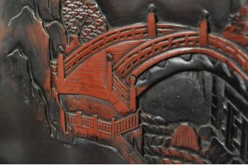 和製ビンテージ　工芸品　日光　鈴木島吉作　総漆塗り　木瘤(こぶ)　大胆にあしらわれた紅葉と細かな彫刻が見事な存在感のある飾り台(花台、ヴィンテージ)(R-080251)