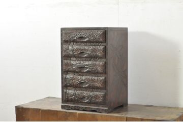 和製ビンテージ　上手物!!　大島一水作　日光彫り　職人技が光る五段の小引き出し(チェスト、整理箪笥、卓上収納、ヴィンテージ)(R-080259)