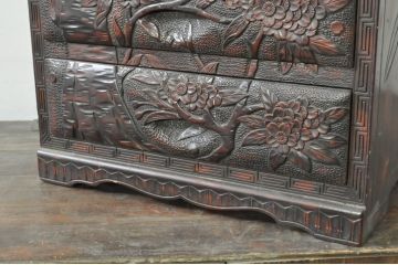 和製ビンテージ　上手物!!　大島一水作　日光彫り　職人技が光る五段の小引き出し(チェスト、整理箪笥、卓上収納、ヴィンテージ)(R-080259)