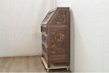 アジアンビンテージ　総彫り　職人技が光る!細部まで施された彫刻が目を惹くビューロー(ワークデスク、簿記机、ライティングビューロ、引き出し、ヴィンテージ)(R-080295)
