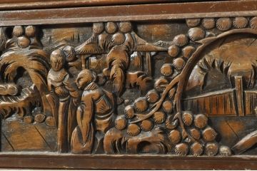 アジアンビンテージ　総彫り　職人技が光る!細部まで施された彫刻が目を惹くビューロー(ワークデスク、簿記机、ライティングビューロ、引き出し、ヴィンテージ)(R-080295)