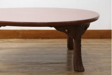 和製アンティーク　根来塗り　鎌倉彫　かわいらしいお花の彫刻入りの丸いちゃぶ台(円卓、座卓、ラウンドテーブル、ローテーブル、リビングテーブル)(R-080305)