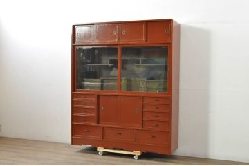 中古　超美品!!　特注!!　最上物!!　内部まで漆塗り　朱塗　布目塗り　漆の味のある風合いが目を引く茶タンス(茶箪笥、茶棚、飾り棚、収納棚、戸棚、引き出し)(製作費約300万円)(R-080306)
