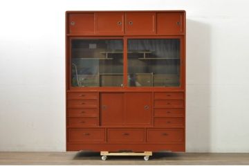 中古　超美品!!　特注!!　最上物!!　内部まで漆塗り　朱塗　布目塗り　漆の味のある風合いが目を引く茶タンス(茶箪笥、茶棚、飾り棚、収納棚、戸棚、引き出し)(製作費約300万円)(R-080306)