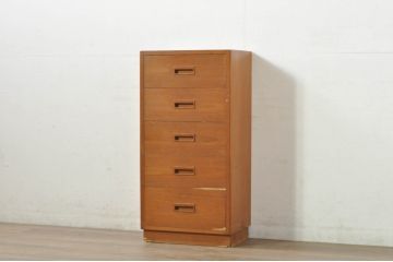 和製ビンテージ　チーク材　しっかりとした作りの小振りな縦型チェスト(多段チェスト、サイドチェスト、引き出し、ヴィンテージ )(R-080354)