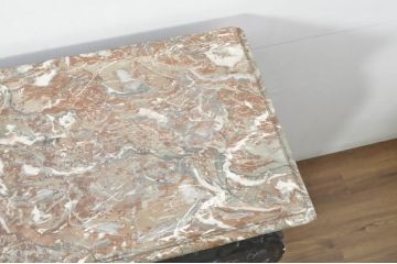 フランスアンティーク　高級品　天板大理石　ペイント仕上げ限定　クラシカルな佇まいの側面収納付きカービングサイドボード(大理石天板、カウンターテーブル、収納棚、戸棚、店舗什器)(R-080373)