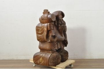 和製アンティーク　時代物!!　特大!!　欅(ケヤキ)材　在銘　作家物　恵比寿様と大黒様のセット(置物、ディスプレイ、木彫り、置き物)(R-080382)