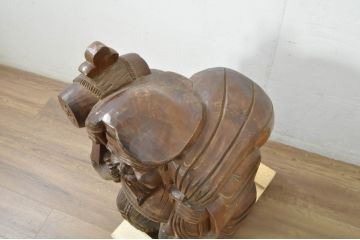 和製アンティーク　時代物!!　特大!!　欅(ケヤキ)材　在銘　作家物　恵比寿様と大黒様のセット(置物、ディスプレイ、木彫り、置き物)(R-080382)