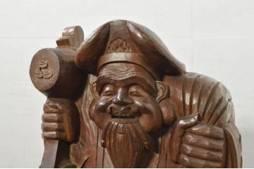 和製アンティーク　時代物!!　特大!!　欅(ケヤキ)材　在銘　作家物　恵比寿様と大黒様のセット(置物、ディスプレイ、木彫り、置き物)(R-080382)